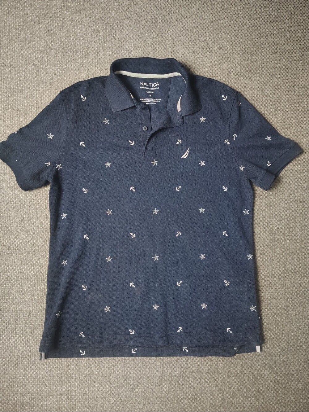 Nautica Men M Navy Blue Polo Shirt Performance Deck Sailboat Anchor Print Fit